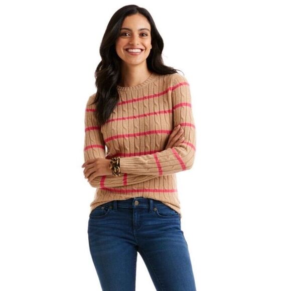 Vineyard Vines Cashmere Coral Lane Cable Sweater Caramel Pink Striped Size M - Picture 1 of 6